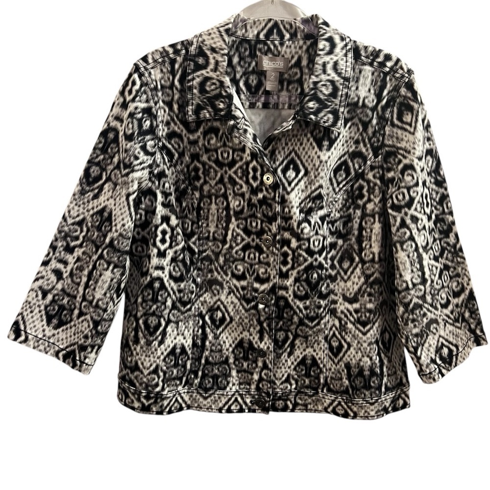 CHICO’S JACKET, Size 2 / Large, Black & White Button Up Denim Jacket, Excellent.